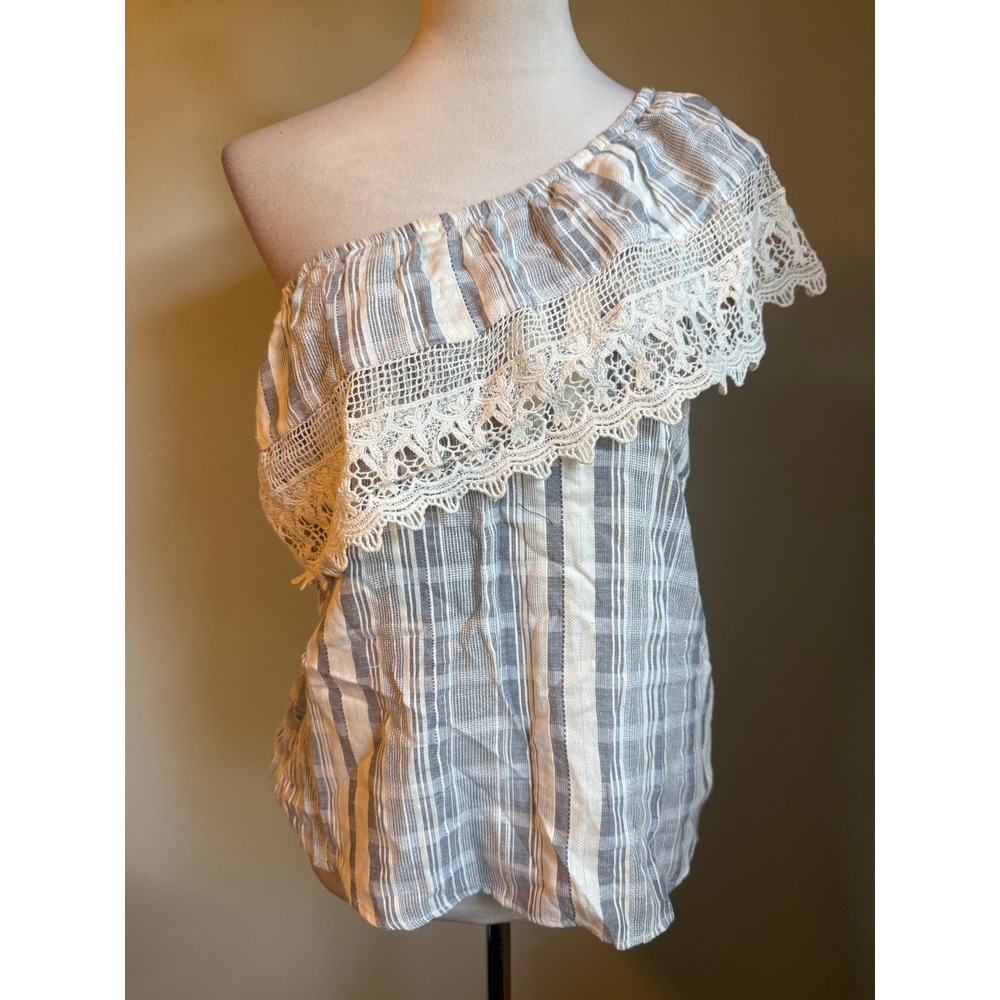 Angie Grey White Striped One Shoulder Crochet Lace Cotton Top S cottage dainty y